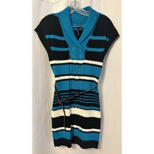 VTG 00s Striped Sweater Dress Belted Y2K Womens S Blue Black White Big Buttons
